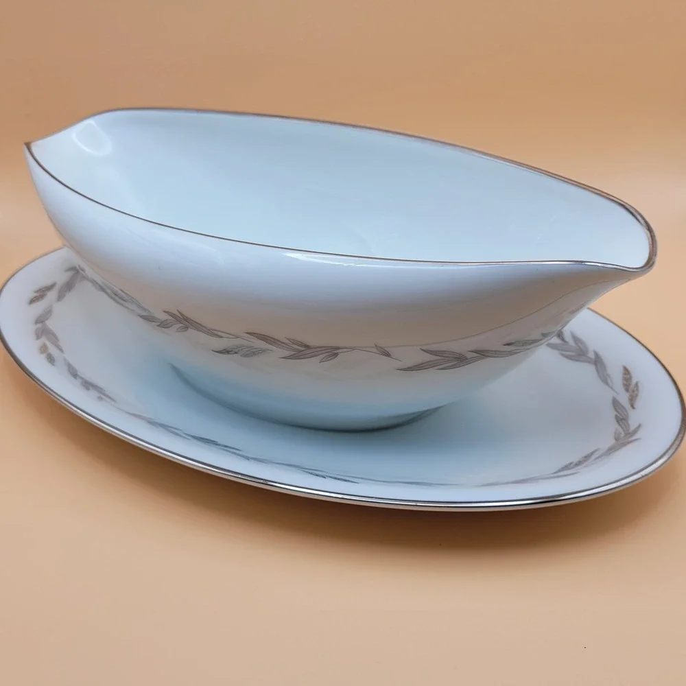 Noritake Graywood 6041 Gravy Boat‎ Silver Trim JAPAN Vintage